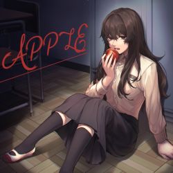 Rule 34 | 1girl, apple, arm support, black skirt, black socks, brown eyes, brown hair, brown shirt, character request, club suicide, collared shirt, commentary request, food, fruit, highres, holding, holding food, holding fruit, kneehighs, long hair, long sleeves, looking at viewer, lower teeth only, nanin, on floor, open mouth, pleated skirt, red apple, shirt, shirt tucked in, shoes, sitting, skirt, socks, solo, teeth, white footwear, wooden floor