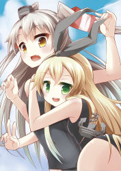 Rule 34 | 10s, 2girls, amatsukaze (kancolle), anchor hair ornament, black one-piece swimsuit, blonde hair, brown eyes, fang, fukemachi, green eyes, hair ornament, hair tubes, headgear, hug, kantai collection, long hair, looking at viewer, multiple girls, one-piece swimsuit, open mouth, shimakaze (kancolle), silver hair, swimsuit, two side up, v