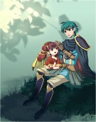 Rule 34 | aqua eyes, aqua hair, arm support, armor, cape, dragon girl, dragon wings, dress, ephraim (fire emblem), eye contact, fire emblem, fire emblem: the sacred stones, gloves, grass, greaves, green eyes, green hair, hand on head, happy, looking at another, myrrh (fire emblem), nintendo, open mouth, prince, purple hair, red eyes, short hair, sitting, smile, wings