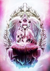 Rule 34 | 1girl, asymmetrical clothes, breasts, buddha, commentary request, fantasy, hair tubes, headdress, highres, lotus position, navel, nipples, original, pale skin, pink theme, robe, see-through, sitting, solo, symmetry, twintails, yamada satoshi