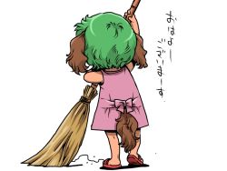 Rule 34 | 1girl, animal ears, broom, child, dog ears, female focus, from behind, full body, green hair, kasodani kyouko, onikobe rin, sandals, short hair, simple background, solo, standing, sweeping, tail, touhou, white background