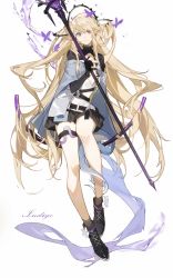 Rule 34 | 1girl, arknights, black footwear, black skirt, black socks, blonde hair, blue jacket, commentary, full body, headgear, highres, holding, holding staff, indigo (arknights), jacket, long hair, pointy ears, purple eyes, shirt, shoes, simple background, skirt, snake, socks, solo, staff, standing, sumerypines, symbol-only commentary, thigh strap, very long hair, white background, white shirt