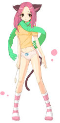Rule 34 | 1girl, animal ears, blush, bow, bow panties, brown eyes, cat ears, cat tail, green scarf, long hair, no pants, panties, petite, pink hair, pink panties, pink socks, red hair, scarf, shirt, socks, solo, standing, striped clothes, striped socks, tail, underwear