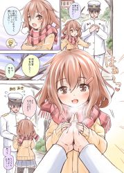Rule 34 | 10s, 1boy, 1girl, admiral (kancolle), blush, breath, breathing on hands, brown eyes, brown hair, cardigan, cold, comic, commentary request, fang, flying sweatdrops, fujishima shinnosuke, hair ornament, hairclip, holding hands, hat, hetero, highres, ikazuchi (kancolle), kantai collection, military, military uniform, naval uniform, open mouth, outdoors, peaked cap, scarf, school uniform, serafuku, short hair, skirt, spoken lightbulb, thighhighs, translation request, uniform