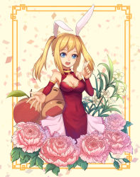 Rule 34 | aizawa hikaru, animal ears, aqua eyes, bare shoulders, blonde hair, china dress, chinese clothes, cleavage cutout, clothing cutout, detached sleeves, dress, flower, highres, jun (goodgun7), microsoft, new year, open mouth, rabbit ears, silverlight, solo, twintails