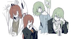 Rule 34 | 2boys, 2girls, ahoge, black jacket, brown hair, can, closed eyes, coat, crying, enkephalin (project moon), giovanni (project moon), green eyes, green hair, green shirt, hair ornament, hairclip, highres, hod (project moon), hospital gown, id card, intravenous drip, jacket, lab coat, lob juice, lobotomy corporation, long hair, long sleeves, michelle (project moon), multiple boys, multiple girls, necktie, netzach (project moon), noose, open mouth, orange necktie, project moon, shirt, simple background, smile, very long hair, white background, white coat