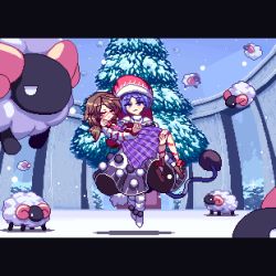 Rule 34 | 2girls, animal, animated, animated gif, antinomy of common flowers, blinking, blue eyes, blue hair, bow, brown footwear, brown hair, carrying, doremy sweet, dress, floating, glasses, hat, letterboxed, looking at viewer, migel futoshi, multiple girls, pantyhose, pom pom (clothes), princess carry, purple skirt, red-framed eyewear, red bow, red hat, sheep, skirt, smile, socks, striped clothes, striped legwear, striped pantyhose, tail, touhou, tree, usami sumireko, white legwear