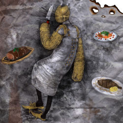 Rule 34 | 1boy, 8 (eight), apron, buckle, dorohedoro, female focus, fish, fish (food), food, from behind, fruit, highres, lemon, male focus, mask, meat, name connection, object namesake, oven mitts, plate, solo, turkey (bird), turkey (dorohedoro), turkey (food)