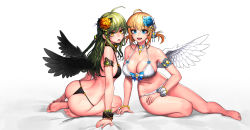 Rule 34 | 2girls, :d, :p, ahoge, angel, angel and devil, angel wings, arm support, armlet, ass, back, bare arms, bare legs, bare shoulders, barefoot, bead bracelet, beads, bikini, black bikini, black wings, blonde hair, blue bow, blue eyes, blue flower, blush, bow, bow bikini, bracelet, braid, breasts, cain (grt1125), choker, cleavage, collarbone, commentary, demon, fang, feathered wings, feet, fingernails, flower, from behind, front-tie bikini top, front-tie top, full body, green hair, hair between eyes, hair flower, hair ornament, hand on lap, highres, jewelry, large breasts, long hair, looking at viewer, looking back, midriff, multiple girls, navel, necklace, on bed, open mouth, orange flower, original, scrunchie, short hair, side braid, sitting, small breasts, smile, soles, spread wings, stomach, swimsuit, thong, thong bikini, toenails, toes, tongue, tongue out, two side up, wavy hair, white bikini, white wings, wings, wrist scrunchie, yokozuwari