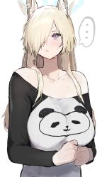 Rule 34 | ..., 1girl, absurdres, animal ear fluff, blonde hair, blue archive, blue eyes, blush, breasts, collarbone, extra ears, hair over one eye, highres, inusaka, kanna (blue archive), large breasts, long hair, long sleeves, off-shoulder shirt, off shoulder, open mouth, shirt, simple background, solo, spoken ellipsis, upper body, white background, white shirt