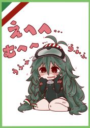 Rule 34 | 1girl, @ @, absurdres, antenna hair, azur lane, blush, blush stickers, bodysuit, border, braid, chibi, commentary request, daigorou (42036928), diving mask, diving mask on head, diving suit, drooling, full body, goggles, goggles on head, green border, green hair, hair between eyes, hands on own cheeks, hands on own face, highleg springsuit, highres, italian flag, leg tattoo, long hair, motion lines, mouth drool, open mouth, red eyes, shaded face, sidelocks, simple background, sitting, smile, solo, springsuit, tattoo, torricelli (azur lane), translation request, very long hair, wariza, wetsuit, white background