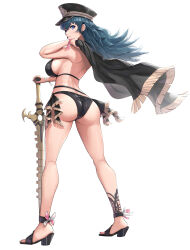 Rule 34 | 1girl, absurdres, ass, bikini, black bikini, blue eyes, blue hair, breasts, byleth (female) (fire emblem), byleth (fire emblem), fire emblem, fire emblem: three houses, from behind, full body, gonzarez, hat, high heels, highres, large breasts, long hair, looking at viewer, looking back, nintendo, sandals, shiny skin, sideboob, simple background, solo, standing, swimsuit, sword, weapon, white background