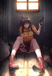 Rule 34 | 1girl, aneunyeoja, bandaid, bandaid on arm, black hair, blood, blunt bangs, breasts, chromatic aberration, corpse, death, finger on trigger, gun, hair ornament, hair tie, hand up, handgun, harness, high ponytail, holding, holding gun, holding weapon, indoors, ladder, legs, long hair, looking to the side, medium breasts, multicolored hair, open mouth, original, pigeon-toed, pink hair, pistol, plaid, plaid skirt, ponytail, purple hair, red eyes, sitting, skirt, socks, solo, solo focus, strap, streaked hair, thigh strap, thighs, torn clothes, torn socks, two-tone hair, weapon, window