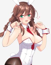 Rule 34 | 1girl, absurdres, animal ears, between breasts, blue necktie, bow, bowtie, braid, breasts, brown hair, brown pantyhose, cleavage, commentary request, cowboy shot, detached collar, fake animal ears, green eyes, highres, kantai collection, large breasts, leotard, long hair, necktie, nitamako (sakamalh), noshiro (kancolle), open mouth, pantyhose, playboy bunny, rabbit ears, red necktie, revision, simple background, smile, solo, strapless, strapless leotard, swept bangs, tail, twin braids, white background, white leotard, wing collar, wrist cuffs