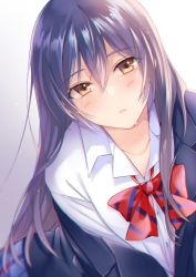 Rule 34 | 1girl, absurdres, blazer, blue hair, blush, bow, bowtie, chromatic aberration, commentary request, hair between eyes, highres, jacket, long hair, long sleeves, looking at viewer, love live!, love live! school idol project, off shoulder, otonokizaka school uniform, red bow, red bowtie, school uniform, shirt, simple background, solo, sonoda umi, striped bow, striped bowtie, striped clothes, striped neckwear, swept bangs, white background, white shirt, winter uniform, yellow eyes, yumari nakura