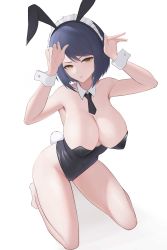 Rule 34 | 1girl, absurdres, animal ears, bare legs, barefoot, black hair, black leotard, breasts, cleavage, closed mouth, detached collar, fake animal ears, full body, genshin impact, hands up, highres, kneeling, kujou sara, large breasts, leotard, looking at viewer, maid headdress, necktie, playboy bunny, rabbit ears, rabbit pose, rabbit tail, short hair, short necktie, simple background, solo, tail, thighs, ultra-13, white background, wrist cuffs, yellow eyes