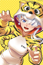 Rule 34 | 2022, alisaie leveilleur, alternate costume, animal costume, animal ears, animal print, chinese zodiac, claw pose, final fantasy, final fantasy xiv, happy new year, highres, new year, pointy ears, solo, tail, tiger costume, tiger ears, tiger print, tiger stripes, tiger tail, year of the tiger, you haruka