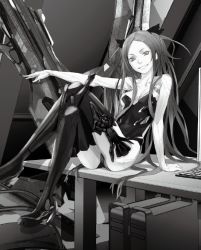 Rule 34 | 10s, 1girl, android, beatless, boots, breasts, kouka (beatless), crossed legs, monochrome, official art, red hair, redjuice, sitting, small breasts, smile, solo, thigh boots, thighhighs