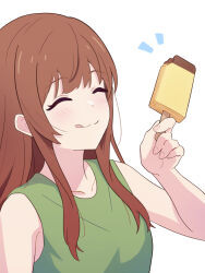 Rule 34 | 1girl, bare arms, brown hair, closed eyes, closed mouth, commentary, food, green shirt, hand up, highres, holding, holding food, holding popsicle, licking lips, long hair, notice lines, novi visual, original, popsicle, shirt, simple background, sleeveless, sleeveless shirt, solo, symbol-only commentary, tongue, tongue out, upper body, white background