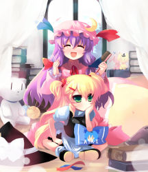 Rule 34 | 2girls, alternate hairstyle, blonde hair, cirno, closed eyes, green eyes, hair brush, hair ornament, hairclip, hairdressing, kirisame marisa, multiple girls, open mouth, patchouli knowledge, pillow, purple hair, shin (new), shoes, smile, embodiment of scarlet devil, touhou, twintails, | |