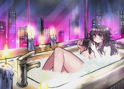 Rule 34 | 1girl, ahoge, bad id, bad twitter id, bath, bathing, bathtub, blush, breasts, bubble bath, candle, closed mouth, commentary, completely nude, english commentary, faucet, handheld game console, hands up, holding, huge breasts, long hair, looking at viewer, messy hair, night, nude, nyarla (osiimi), original, osiimi, partially submerged, playing games, playstation portable, purple eyes, purple hair, solo