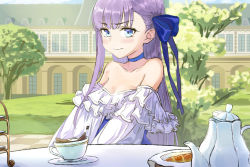 Rule 34 | 1girl, bare shoulders, blue eyes, blue ribbon, blush, breasts, choker, closed mouth, coffeekite, collarbone, cup, fate/grand order, fate (series), frilled one-piece swimsuit, frills, hair ribbon, highleg, highleg swimsuit, long hair, long sleeves, looking at viewer, mansion, meltryllis, meltryllis (fate), meltryllis (swimsuit lancer) (fate), meltryllis (swimsuit lancer) (second ascension) (fate), off-shoulder one-piece swimsuit, off shoulder, one-piece swimsuit, puffy sleeves, purple hair, ribbon, sleeves past fingers, sleeves past wrists, small breasts, solo, swimsuit, table, teacup, teapot, tree, very long hair