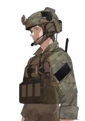 Rule 34 | 1boy, beard, brown hair, camouflage, ear protection, expressionless, facial hair, helmet, highres, load bearing vest, long sleeves, looking ahead, magazine (weapon), male focus, mature male, military operator, night vision device, original, patch, pen guin15, bulletproof vest, short hair, shoulder patch, simple background, solo, upper body, white background