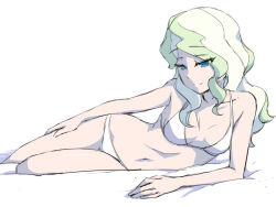 Rule 34 | 1girl, bikini, blonde hair, blue eyes, blush, breasts, cleavage, closed mouth, collarbone, diana cavendish, little witch academia, long hair, lying, medium breasts, navel, on side, satochi, shiny skin, simple background, sketch, smile, solo, swimsuit, white background, white bikini