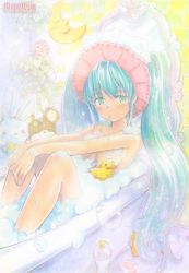 Rule 34 | 1girl, aqua eyes, aqua hair, armpits, artist name, bath, bathing, bathroom, bathtub, blush, bottle, bow, bowtie, breasts, bubble, bubble bath, blowing bubbles, censored, chain, convenient censoring, crescent moon, foam, green eyes, hand on leg, hatsune miku, highres, indoors, knees up, long hair, looking to the side, mayo riyo, mirror, moon, mouth hold, nude, outstretched arms, partially submerged, plant, rubber duck, shampoo, shampoo hat, sidelocks, sitting, small breasts, soap bubbles, soap censor, solo, star (symbol), stuffed animal, stuffed rabbit, stuffed toy, teddy bear, tile wall, tiles, toy, twintails, v arms, very long hair, vocaloid, wet, winding key
