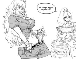 Rule 34 | 2girls, absurdres, bb (baalbuddy), braid, braided ponytail, breasts, english text, food, greyscale, highres, holding, holding food, holding vegetable, large breasts, monochrome, multiple girls, rwby, sack, side ponytail, simple background, speech bubble, swept bangs, vegetable, weiss schnee, white background, yang xiao long, zucchini (vegetable)