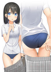 Rule 34 | 1girl, :o, adjusting clothes, adjusting swimsuit, apollo (hu maple), ass, black hair, blue eyes, blue one-piece swimsuit, blush, breasts, clothes pull, collared shirt, dress shirt, grey skirt, hair ornament, hairclip, hand on own chest, highres, multiple views, one-piece swimsuit, open mouth, original, plaid, plaid skirt, pleated skirt, school swimsuit, shirt, short hair, short sleeves, simple background, skirt, skirt pull, small breasts, swimsuit, swimsuit under clothes, thigh gap, undressing, white background, white shirt