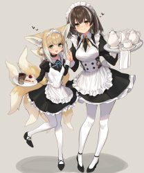 Rule 34 | 2girls, :d, absurdres, alternate costume, animal ears, apron, arknights, black dress, black footwear, blonde hair, blue ribbon, blush, braid, braided hair rings, breasts, brown hair, cake, cake slice, closed mouth, collar, cup, dress, enmaided, food, fox ears, fox girl, fox tail, frilled apron, frilled dress, frills, green eyes, hair rings, heart, highres, holding, holding hands, holding tray, infection monitor (arknights), interlocked fingers, juliet sleeves, leg up, long sleeves, looking at viewer, magallan (arknights), maid, maid headdress, medium breasts, multicolored hair, multiple girls, multiple tails, neck ribbon, open mouth, pantyhose, puffy sleeves, ribbon, sigm@, smile, standing, standing on one leg, streaked hair, suzuran (arknights), tail, teacup, teapot, tray, two-tone hair, white apron, white hair, white legwear, yellow eyes, yellow ribbon