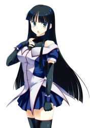 Rule 34 | 1girl, black hair, black thighhighs, blue eyes, breasts, cosplay, elbow gloves, fingerless gloves, gloves, hand on own chest, kuri youkan, large breasts, leaf (company), long hair, ogata rina, ogata rina (cosplay), school uniform, solo, thighhighs, touma kazusa, white album, white album (series), white album 2, zettai ryouiki