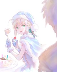 Rule 34 | 1boy, 1girl, artoria pendragon (all), artoria pendragon (fate), blonde hair, blue dress, blue gloves, blush, cake, cape, cream, cream on face, dress, eating, fate/grand order, fate/stay night, fate (series), food, food on face, fruit, fujimaru ritsuka (male), fur cape, fur trim, gloves, green eyes, green ribbon, hair ribbon, hat, hisakata souji, looking at another, official alternate costume, ribbon, saber (fate), saber (present for my master) (fate), santa costume, santa hat, short hair with long locks, strawberry, striped ribbon