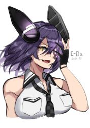 Rule 34 | 1girl, artist name, black gloves, breasts, c-da, checkered clothes, checkered necktie, checkered neckwear, cropped torso, dated, eyepatch, fang, gloves, headgear, highres, kantai collection, looking at viewer, necktie, partially fingerless gloves, purple hair, shirt, short hair, simple background, sleeveless, sleeveless shirt, solo, tenryuu (kancolle), tenryuu kai ni (kancolle), upper body, white background, yellow eyes