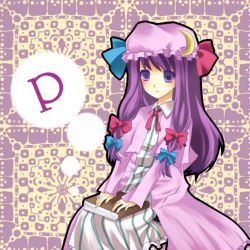 Rule 34 | 1girl, book, bow, crescent, crescent hat ornament, female focus, hat, hat ornament, ia (artist), ia (carat), long hair, lowres, patchouli knowledge, pink bow, purple eyes, purple hair, ribbon, solo, touhou
