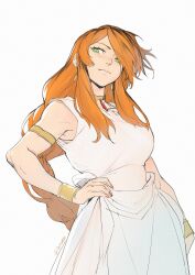 Rule 34 | 1girl, absurdres, bracelet, collar, dress, flamme (sousou no frieren), green eyes, highres, jewelry, long hair, looking to the side, orange hair, solkorra, sousou no frieren, standing, straight hair, white background, white dress