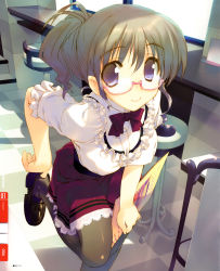 Rule 34 | 1girl, absurdres, amazuyu tatsuki, black pantyhose, bow, bowtie, breasts, brown hair, checkered floor, folded ponytail, frilled sleeves, frills, glasses, highres, indoors, leaning forward, loafers, looking at viewer, medium breasts, original, pantyhose, pink-framed eyewear, purple eyes, putting on shoes, red bow, red bowtie, red skirt, scan, semi-rimless eyewear, shoes, skirt, smile, solo, stool, under-rim eyewear, waitress