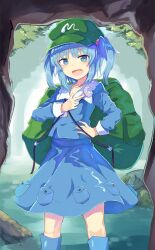 Rule 34 | 1girl, backpack, bag, beads, blue eyes, blue footwear, blue hair, blue shirt, blue skirt, boots, cave, collar, collared shirt, frilled shirt collar, frills, green bag, green hat, hair beads, hair ornament, hand on own chest, hand on own hip, hat, kawashiro nitori, leaf, long sleeves, looking at viewer, medium hair, miniskirt, official art, open mouth, outdoors, pocket, river, rock, rubber boots, shirt, short twintails, skirt, to-den (v-rinmiku), touhou, touhou cannonball, tree, twintails, white collar