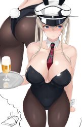 Rule 34 | admiral (kancolle), alcohol, beer, black leotard, blue eyes, breasts, cleavage, commentary, cross, cup, detached collar, drinking glass, graf zeppelin (kancolle), hair between eyes, hat, highres, iron cross, kantai collection, large breasts, leotard, maruyaa (malya1006), military hat, multiple views, necktie, pantyhose, peaked cap, playboy bunny, sidelocks, strapless, strapless leotard, tray, twintails, white background, white hat, wine glass, wrist cuffs