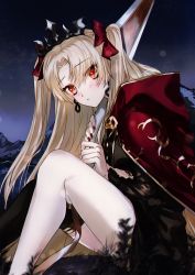 Rule 34 | 1girl, black cape, black dress, blonde hair, blush, bow, cape, closed mouth, dress, earrings, ereshkigal (fate), fate/grand order, fate (series), from side, green eyes, hair bow, hands up, highres, holding, holding weapon, jewelry, knees up, long hair, long sleeves, looking at viewer, looking to the side, nitta teruhiko, parted bangs, plant, red bow, sidelocks, sitting, solo, thighs, tiara, two side up, weapon
