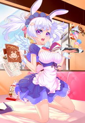 Rule 34 | 1girl, animal ears, apron, blush, breasts, rabbit ears, cafe, detached collar, female focus, high heels, highres, kneeling, looking at viewer, lucknight, maid headdress, open mouth, original, purple eyes, silver hair, smile, solo, table, tray, twintails, waitress, wings, wrist cuffs