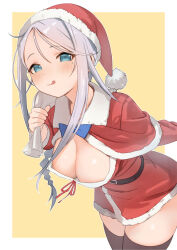 Rule 34 | 1girl, :q, black thighhighs, blue bow, blue eyes, blush, border, bow, braid, breasts, capelet, christmas, cleavage, dress, fur trim, grey hair, hat, highres, holding, holding sack, kantai collection, leaning forward, long hair, looking at viewer, medium breasts, red dress, sack, sakieko, santa costume, santa hat, short dress, simple background, single braid, solo, thighhighs, tongue, tongue out, umikaze (kancolle), white border, yellow background