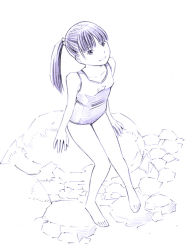 Rule 34 | 1girl, barefoot, monochrome, one-piece swimsuit, original, school swimsuit, sketch, solo, swimsuit, traditional media, twintails, yoshitomi akihito