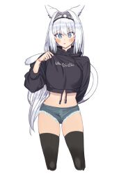 Rule 34 | 1girl, animal ear fluff, animal ears, black thighhighs, blue eyes, blue shorts, blush, breasts, cat ears, cat girl, cat tail, clothes tug, crop top, cropped hoodie, cutoffs, dobrynya nikitich (fate), fate/grand order, fate (series), hair intakes, hairband, highres, hood, hoodie, large breasts, long hair, looking down, low ponytail, midriff, mitsurugi sugar, navel, romaji text, short shorts, shorts, tail, thighhighs, thighs, white hair