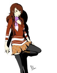 Rule 34 | 1girl, black thighhighs, brown eyes, brown hair, commentary, cosplay, dh (brink of memories), female protagonist (persona 3) (cosplay), hair down, highres, kujikawa rise, leg up, long hair, official style, persona, persona 3, persona 3 portable, persona 4, plaid, plaid skirt, scarf, shadow, shiomi kotone, shiomi kotone (cosplay), signature, skirt, solo, standing, standing on one leg, thighhighs, white background