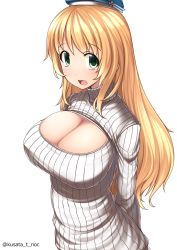 Rule 34 | 10s, 1girl, :d, arms behind back, atago (kancolle), beret, blonde hair, blue hat, blush, breasts, closed mouth, eyebrows, from above, green eyes, hat, kantai collection, large breasts, long hair, long sleeves, looking at viewer, meme attire, nakamura kusata, open-chest sweater, open mouth, ribbed sweater, simple background, smile, solo, sweater, turtleneck, twitter username, upper body, white background, white sweater