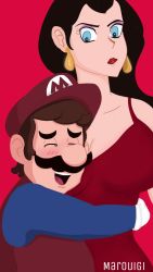 Rule 34 | 1boy, 1girl, annoyed, black hair, blue eyes, breast press, breasts, cleavage, donkey kong (1981 game), donkey kong (series), dress, earrings, eyeshadow, facial hair, gloves, grin, hat, height difference, highres, hug, jewelry, lipstick, makeup, mario, mario (series), mustache, nintendo, one eye closed, open mouth, pauline (mario), red dress, smile