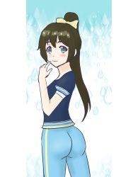 Rule 34 | 1girl, aqua eyes, aqua pants, artist name, artist request, blue eyes, blue pants, blue shirt, blush, bow, breasts, brown hair, collarbone, female focus, from behind, hair between eyes, hair bow, high ponytail, highres, long hair, looking at viewer, looking back, love live!, love live! nijigasaki high school idol club, love live! school idol festival, osaka shizuku, pants, parted lips, ponytail, shirt, short sleeves, sideboob, small breasts, smile, solo, wristband, yellow bow, yellow wristband