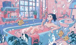 Rule 34 | 1girl, bare shoulders, bathing, bathtub, black hair, bubble, fish, highres, ichigoame, indoors, leaf, long hair, moorish idol, nude, original, partially submerged, plant, ponytail, potted plant, ripples, solo, surreal, tropical fish, window